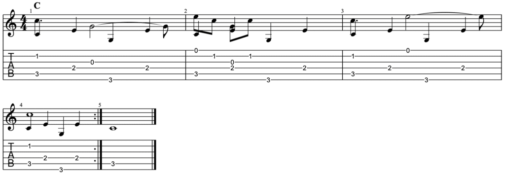 travis picking in C tablature 3-4