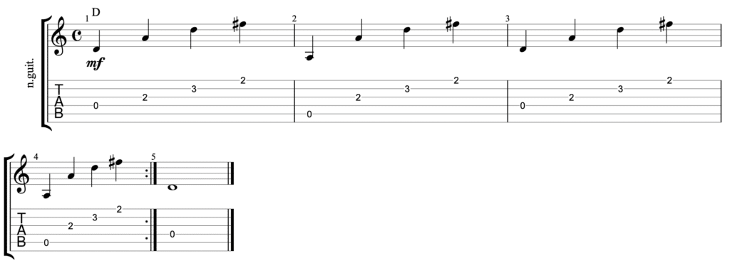 travis picking in D - guitar tab - example 1